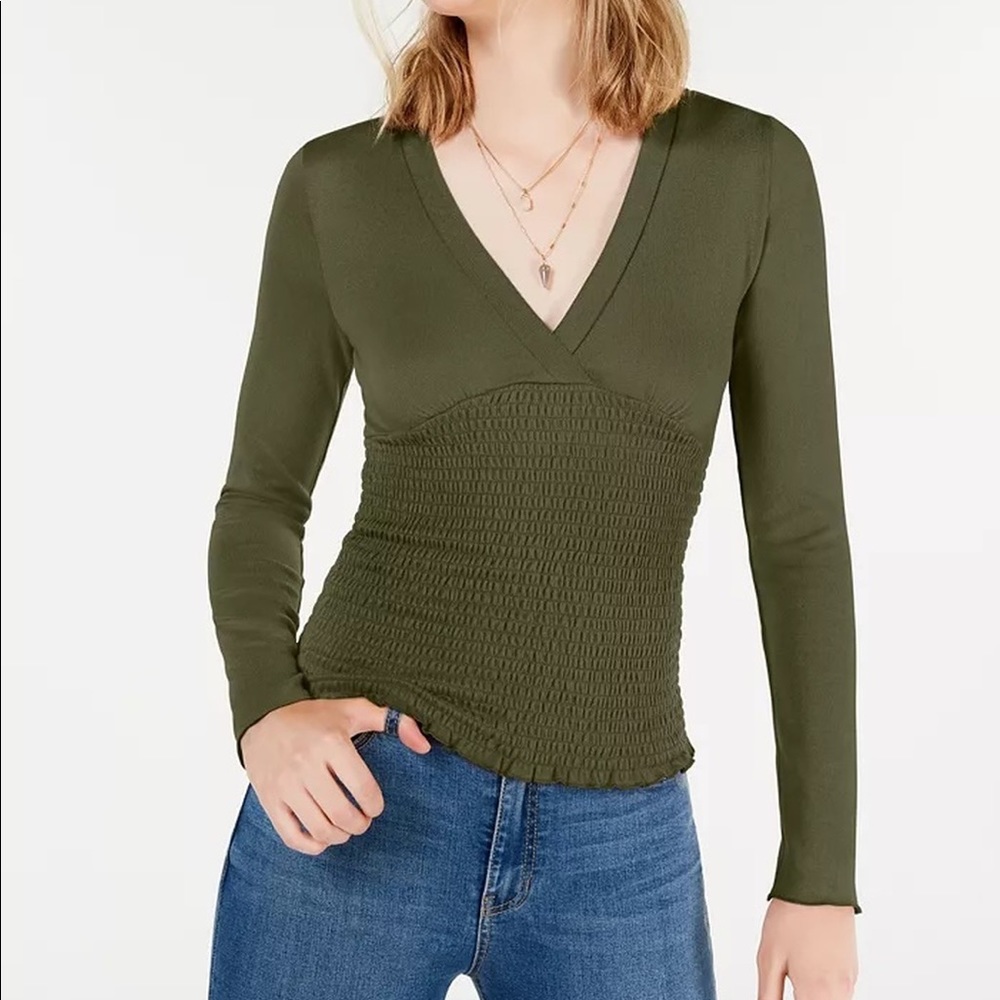 Freshman green smocked v-neck top